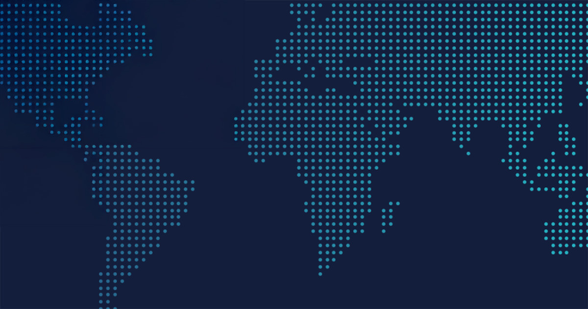 Computerized blue dots make up the world map against a dark blue background.