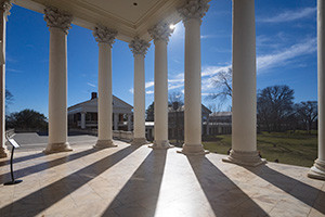 View of UVA Rotunda Pillars looking out onto the Lawn